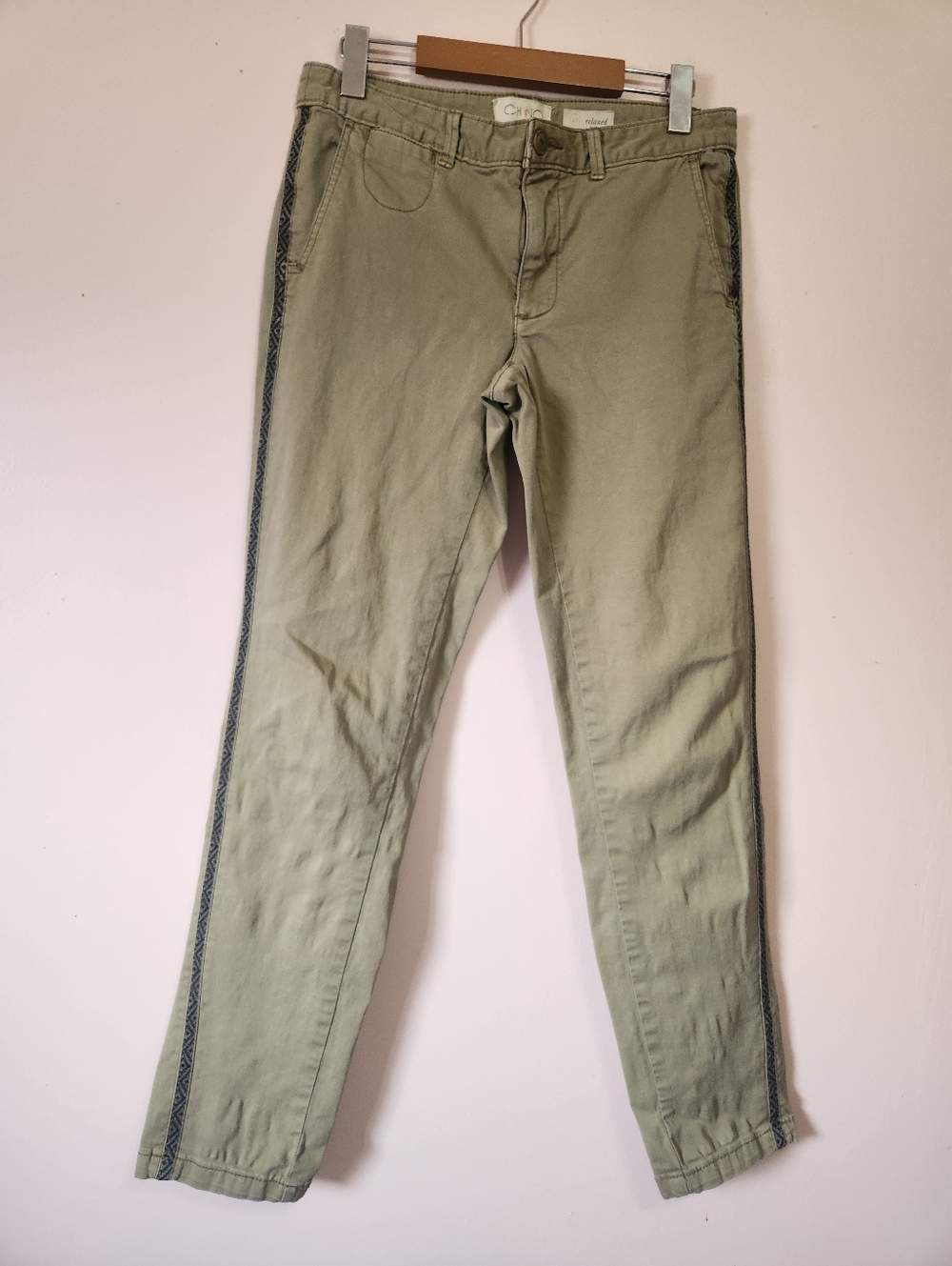Anthropologie Relaxed Chino Pants Moss Green Aztec Embroidered Side Stripe 27